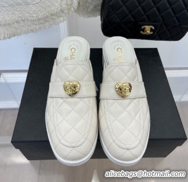 Popular Style Chanel Quilted Lambskin Mules with Love Charm White 220174