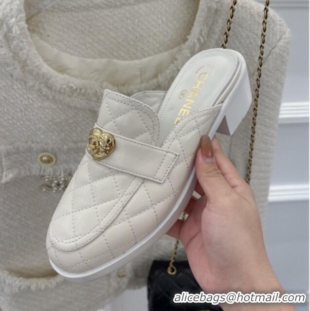 Popular Style Chanel Quilted Lambskin Mules with Love Charm White 220174