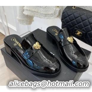 Low Price Chanel Patent Leather Mules with Love Charm Black 220171