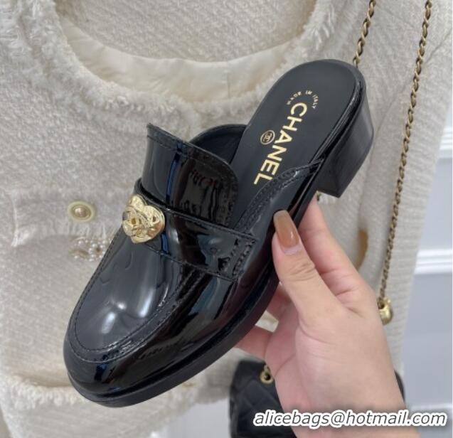 Low Price Chanel Patent Leather Mules with Love Charm Black 220171