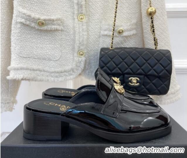 Low Price Chanel Patent Leather Mules with Love Charm Black 220171