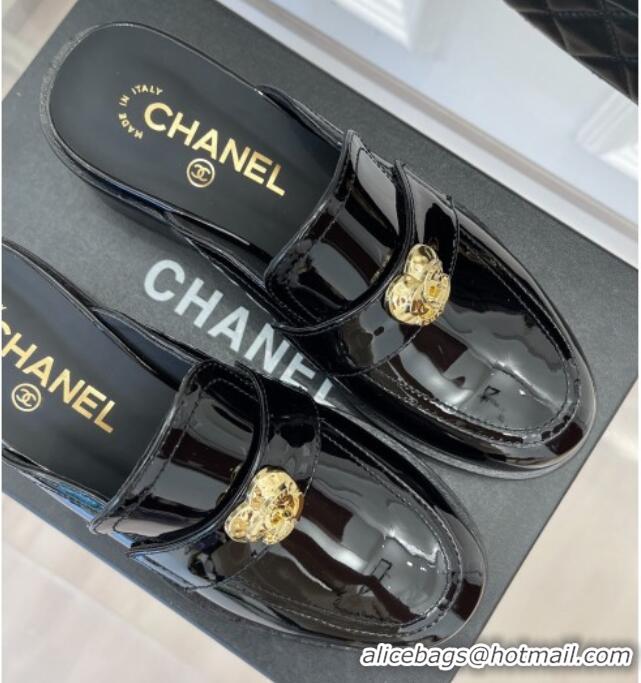 Low Price Chanel Patent Leather Mules with Love Charm Black 220171