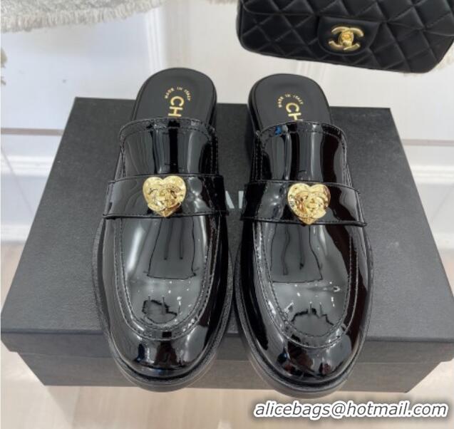 Low Price Chanel Patent Leather Mules with Love Charm Black 220171