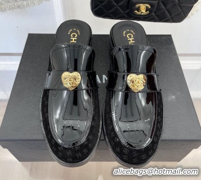 Low Price Chanel Patent Leather Mules with Love Charm Black 220171