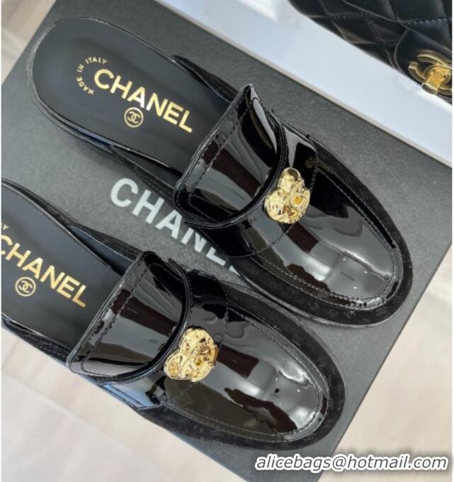 Low Price Chanel Patent Leather Mules with Love Charm Black 220171