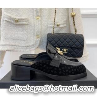 Elegant Chanel Patent Leather and CC Suede Mules with Love Charm Black 220173