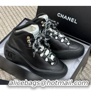 New Style Chanel Coco Neige Leather Snow Sneakers 5cm Black 220178