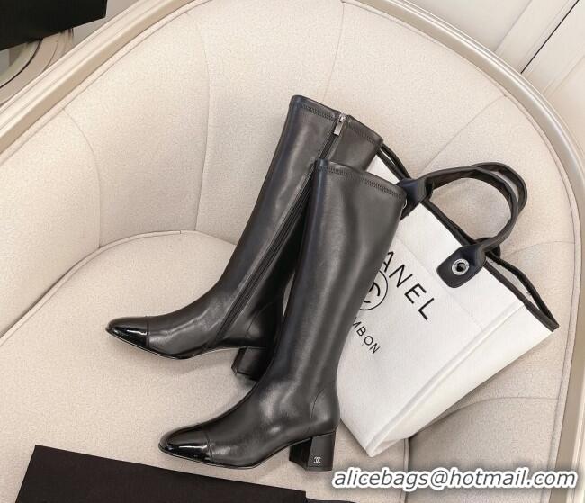 Best Quality Chanel Classic Lambskin and Patent Leather High Boot 5cm in Mink Fur Lining Black 120182