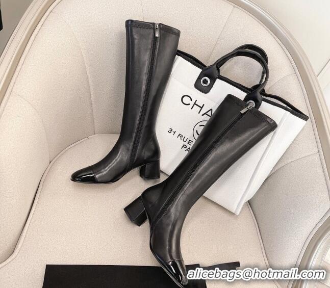 Best Quality Chanel Classic Lambskin and Patent Leather High Boot 5cm in Mink Fur Lining Black 120182