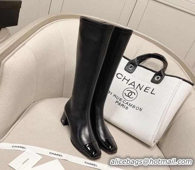 Best Quality Chanel Classic Lambskin and Patent Leather High Boot 5cm in Mink Fur Lining Black 120182