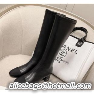 Cute Chanel Classic Lambskin and Grosgrain High Boot 5cm in Mink Fur Lining Black 120183