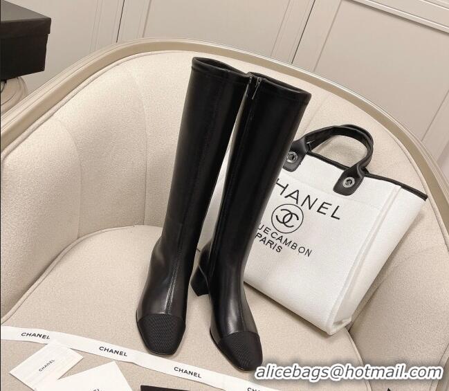 Cute Chanel Classic Lambskin and Grosgrain High Boot 5cm in Mink Fur Lining Black 120183