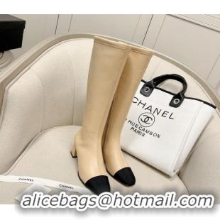 Charming Chanel Classic Lambskin and Grosgrain High Boot 5cm in Mink Fur Lining Beige 120184