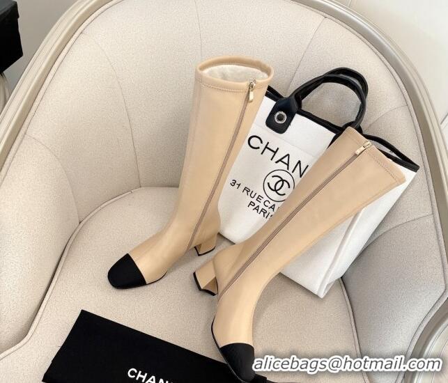 Charming Chanel Classic Lambskin and Grosgrain High Boot 5cm in Mink Fur Lining Beige 120184