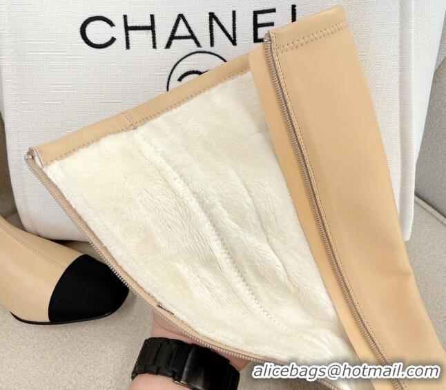 Charming Chanel Classic Lambskin and Grosgrain High Boot 5cm in Mink Fur Lining Beige 120184