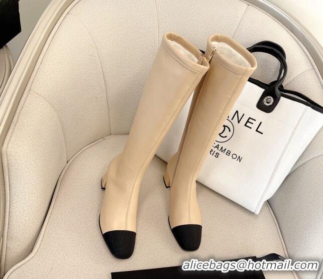 Charming Chanel Classic Lambskin and Grosgrain High Boot 5cm in Mink Fur Lining Beige 120184