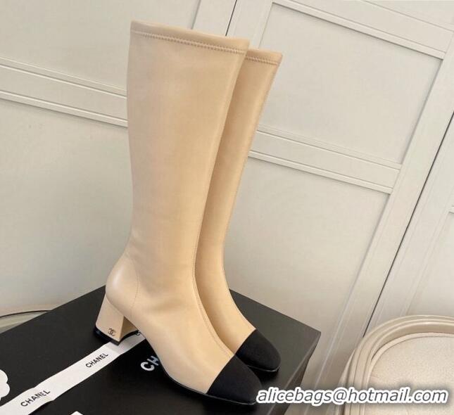 Charming Chanel Classic Lambskin and Grosgrain High Boot 5cm in Mink Fur Lining Beige 120184