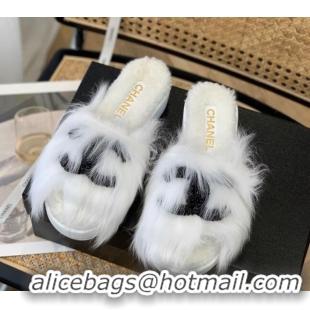 Best Grade Chanel Wool Slide Sandals with Pearl CC G39357 White