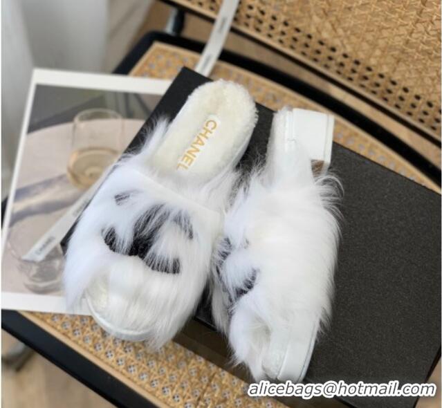 Best Grade Chanel Wool Slide Sandals with Pearl CC G39357 White