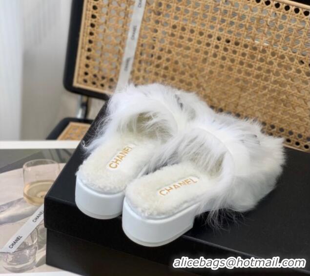 Best Grade Chanel Wool Slide Sandals with Pearl CC G39357 White