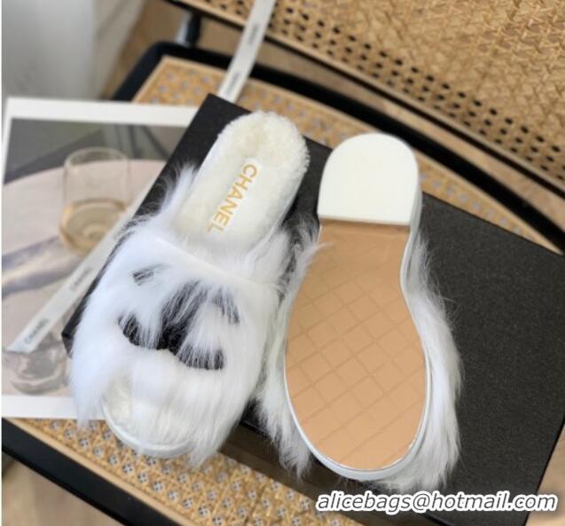 Best Grade Chanel Wool Slide Sandals with Pearl CC G39357 White