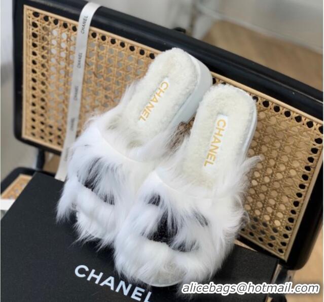 Best Grade Chanel Wool Slide Sandals with Pearl CC G39357 White