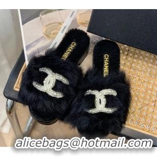 Super Quality Chanel Wool Slide Sandals with Pearl CC G39357 Black