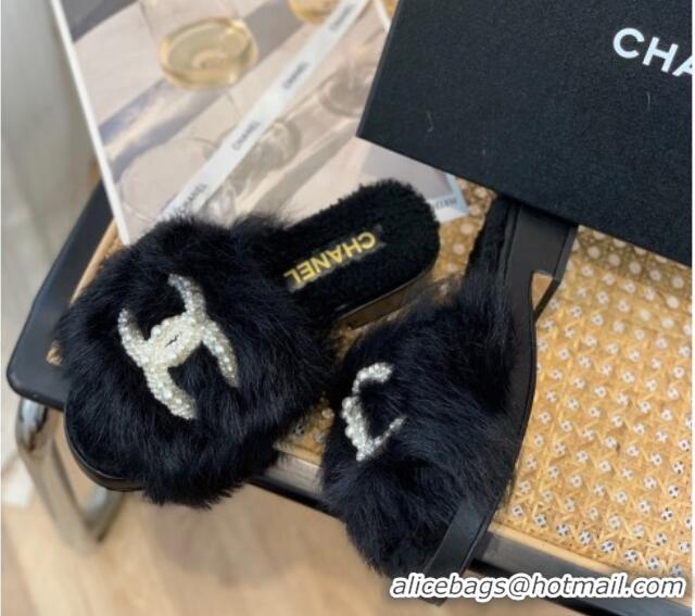 Super Quality Chanel Wool Slide Sandals with Pearl CC G39357 Black