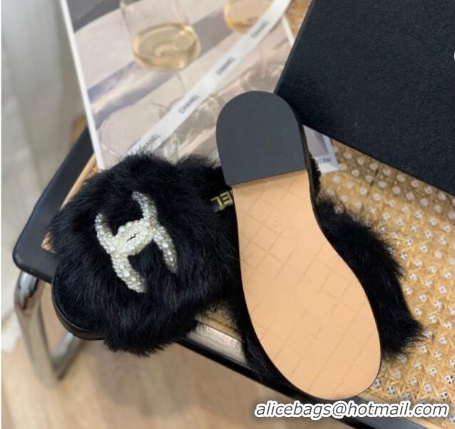 Super Quality Chanel Wool Slide Sandals with Pearl CC G39357 Black