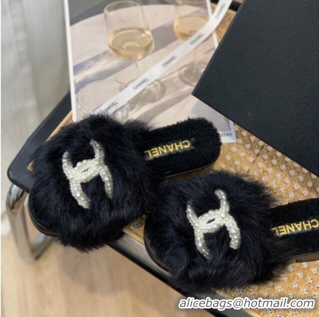 Super Quality Chanel Wool Slide Sandals with Pearl CC G39357 Black