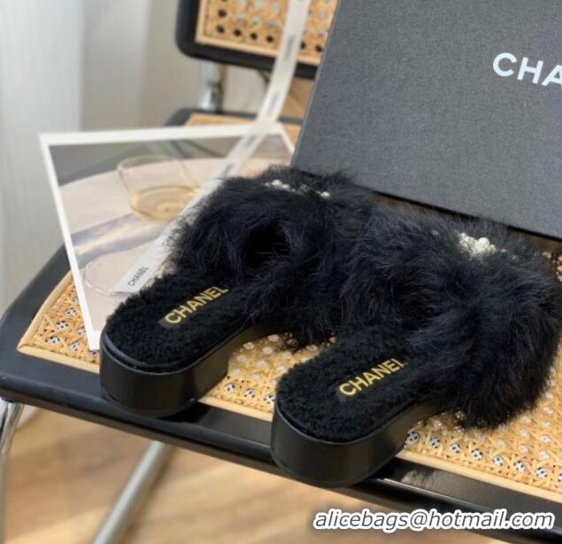 Super Quality Chanel Wool Slide Sandals with Pearl CC G39357 Black