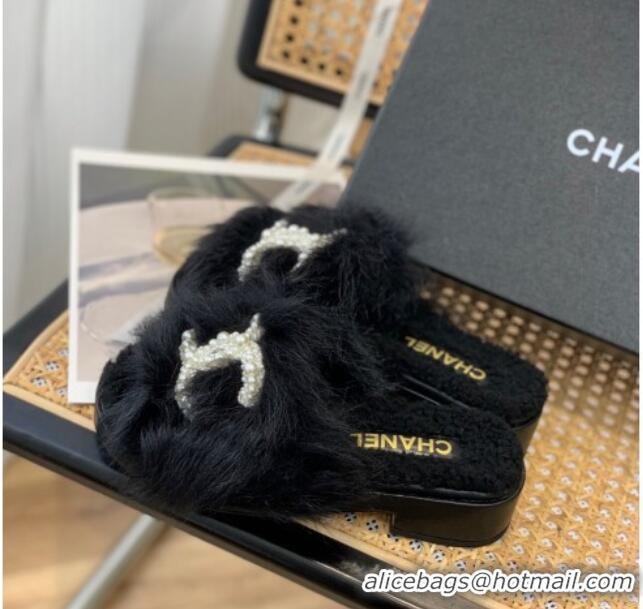 Super Quality Chanel Wool Slide Sandals with Pearl CC G39357 Black