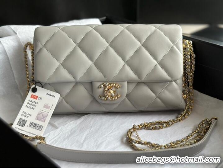 Famous Brand CHANEL FLAP BAG Lambskin & Gold-Tone Metal AS2563 light gray