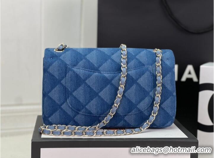 Top Quality Chanel CLASSIC HANDBAG Printed Denim & Gold-Tone Metal A01112 Light Blue