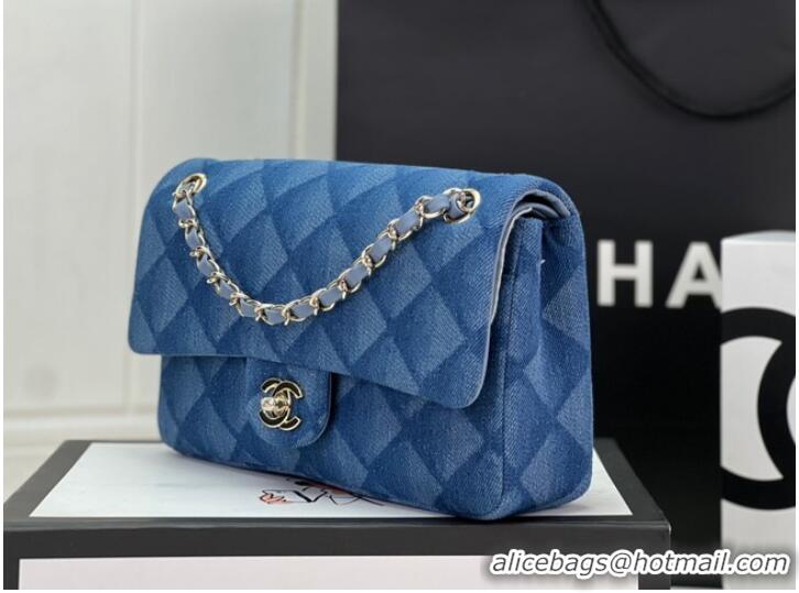 Top Quality Chanel CLASSIC HANDBAG Printed Denim & Gold-Tone Metal A01112 Light Blue