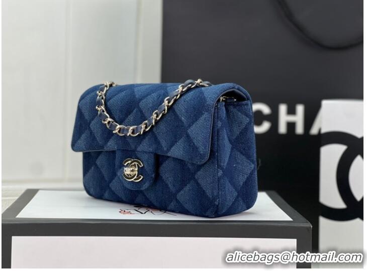 Luxury Cheap Chanel CLASSIC HANDBAG Printed Denim & Gold-Tone Metal A01116 Dark Blue