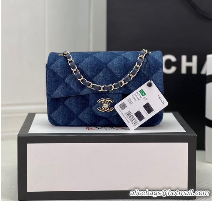 Luxury Cheap Chanel CLASSIC HANDBAG Printed Denim & Gold-Tone Metal A01116 Dark Blue