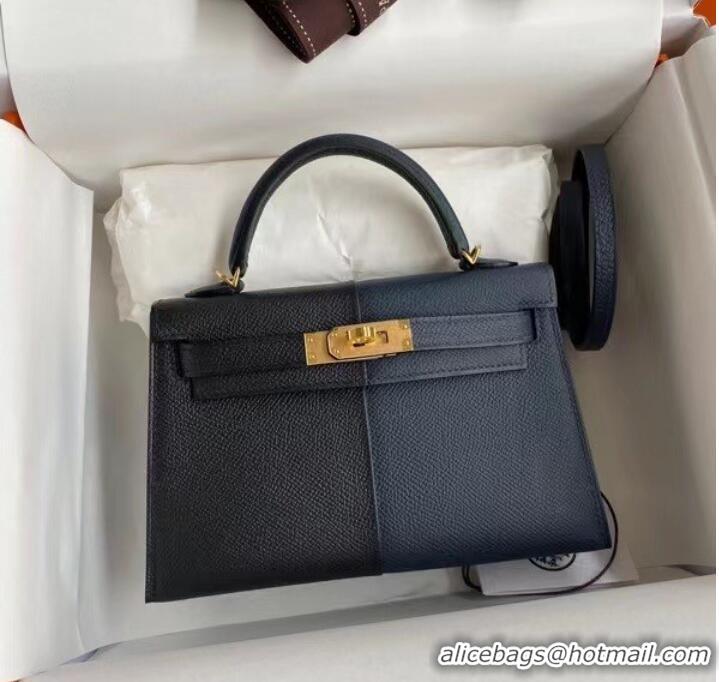 Top Quality Hermes Kelly 19cm Shoulder Bags Epsom KL19 gold hardware black&Royal blue