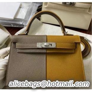 Pretty Style Hermes Kelly 19cm Shoulder Bags Epsom Leather KL19 Silver hardware gray&yellow