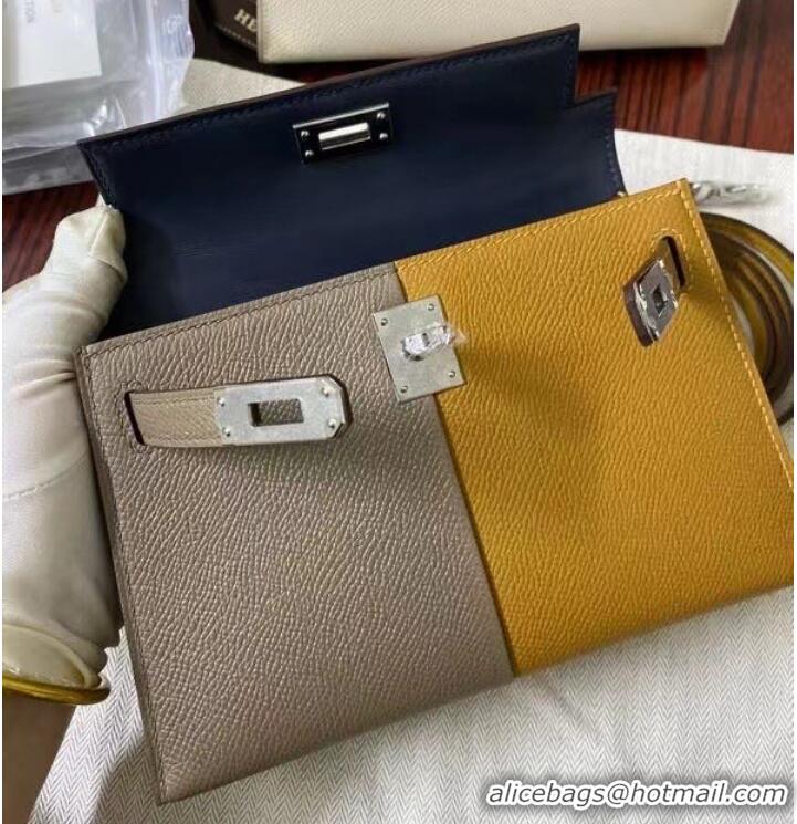 Pretty Style Hermes Kelly 19cm Shoulder Bags Epsom Leather KL19 Silver hardware gray&yellow