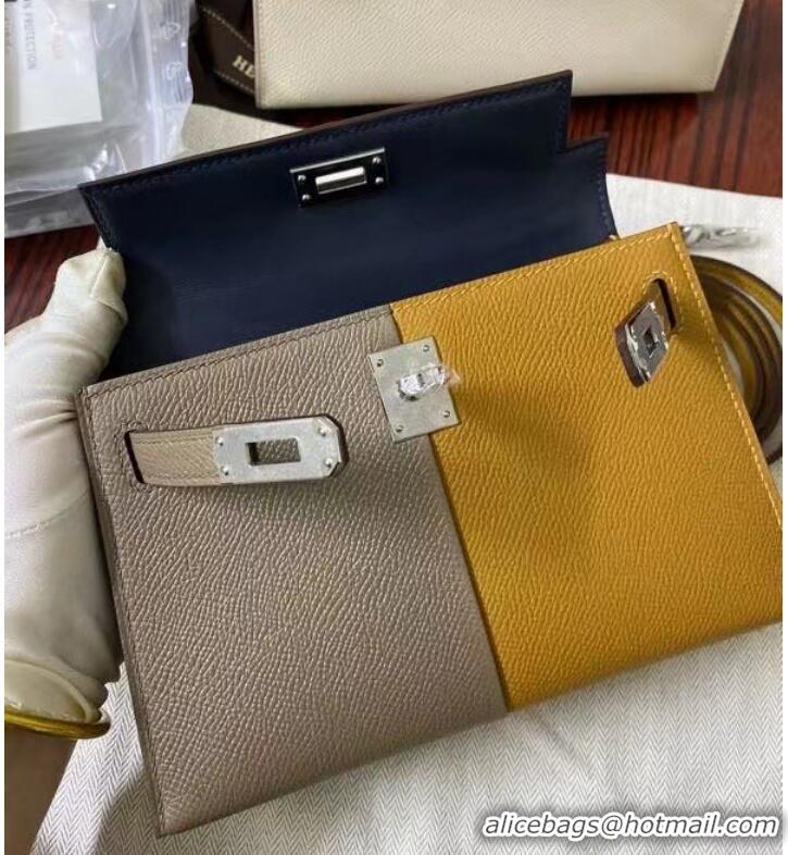 Pretty Style Hermes Kelly 19cm Shoulder Bags Epsom Leather KL19 Silver hardware gray&yellow