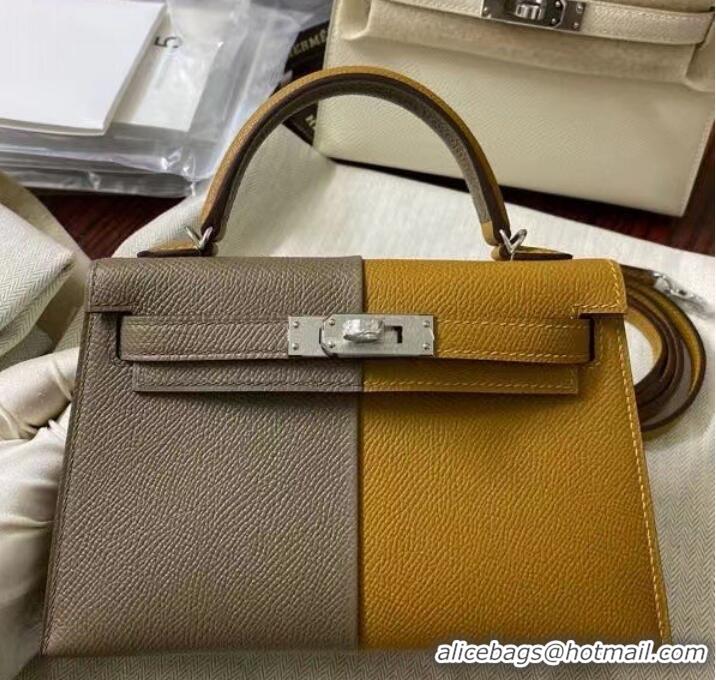 Pretty Style Hermes Kelly 19cm Shoulder Bags Epsom Leather KL19 Silver hardware gray&yellow