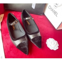 Stylish Chanel Lambskin & Velvet Mary Janes Ballerinas G39604 Black