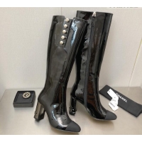 Good Quality Chanel Patent Leather Side Pearl High Boots 8.5cm Black 110369