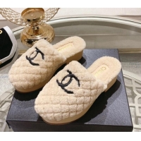 Classic Hot Chanel Quilted Shearling Heel Mules Beige 110372