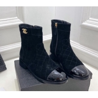 Stylish Chanel Quilted Suede and Patent Leather Ankle Boots with CC Buckle G39172 Black