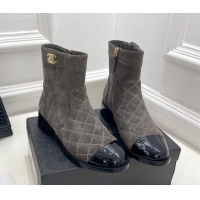 AAAAA Chanel Quilted Suede and Patent Leather Ankle Boots with CC Buckle G39172 Grey