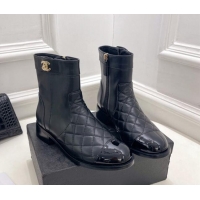 Duplicate Chanel Quilted Lambskin and Patent Leather Ankle Boots with CC Buckle G39172 Black