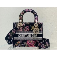 New Fashion MEDIUM LADY D-LITE BAG Black Multicolor Dior Jardin Botanique Embroidery M0565O