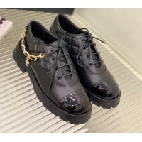 Good Quality Chanel Lambskin and Patent Leather Lace-ups with Chain Charm G39393 Black